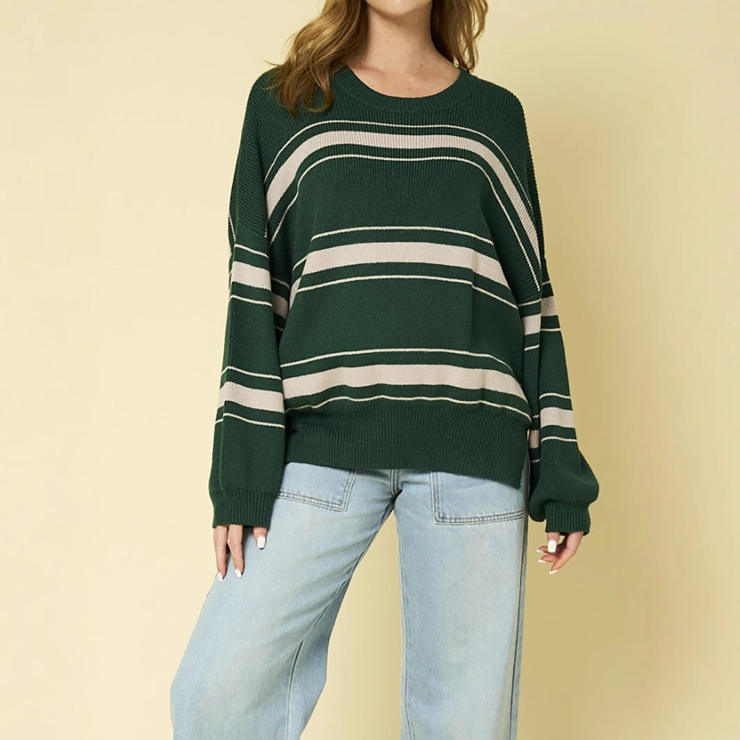 Damen lässiger Strickpullover mit übergroßen Ärmeln und modernen Streifen Drune