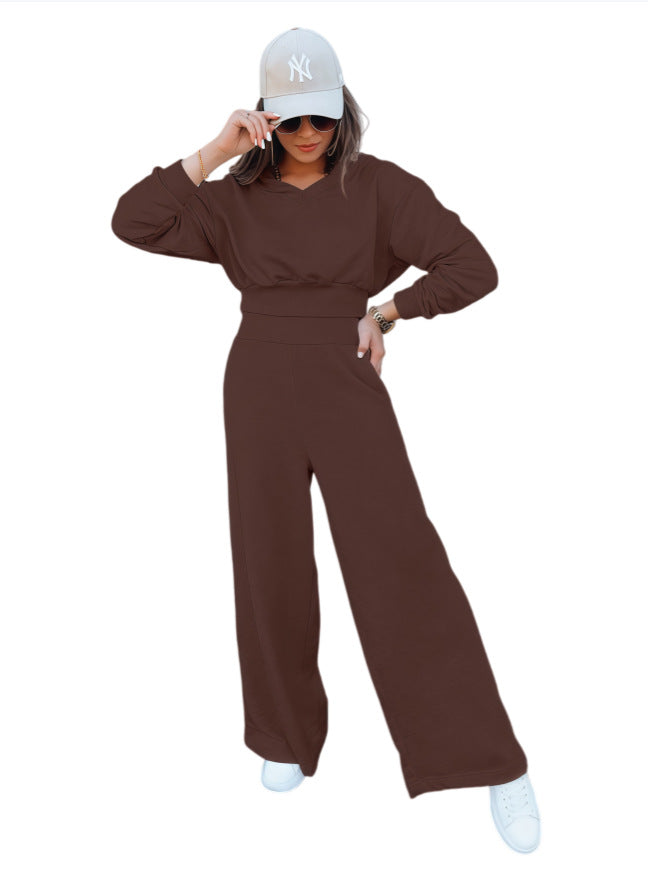 Damen Loungewear-Set mit Cropped V‑Ausschnitt-Pullover und hochtaillierter Palazzohose Drune