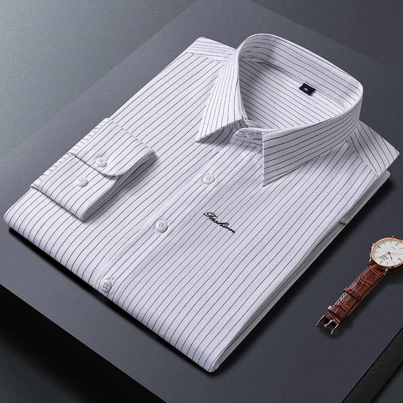 Herren Klassisches gestreiftes Business‑Hemd aus Baumwollmix mit Kentkragen und Brustlogo Drune