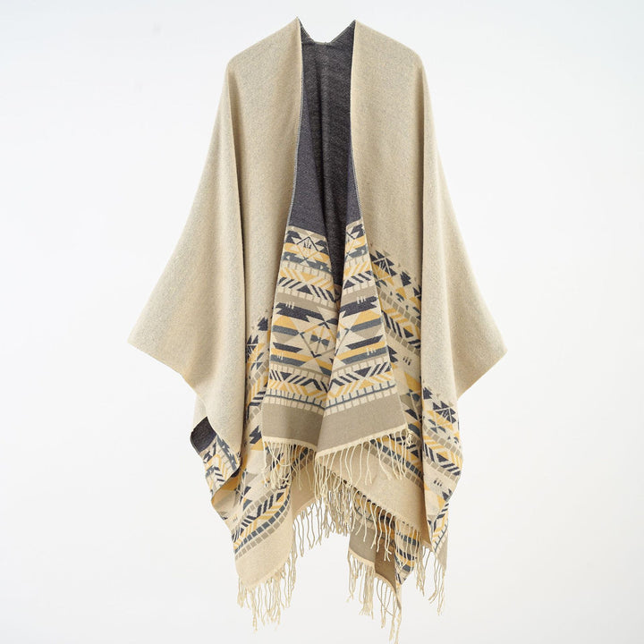Damen Oversize-Poncho aus Wollmix mit Jacquardbordüre und Fransensaum Drune