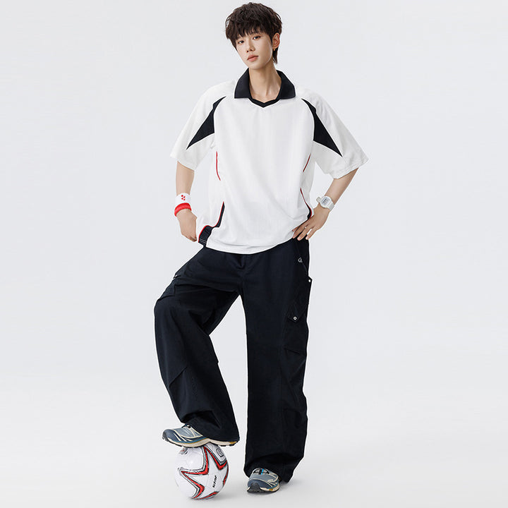 Herren Sportives Oversize-Poloshirt mit V-Ausschnitt, Kontrastpaspeln und atmungsaktivem Material Drune