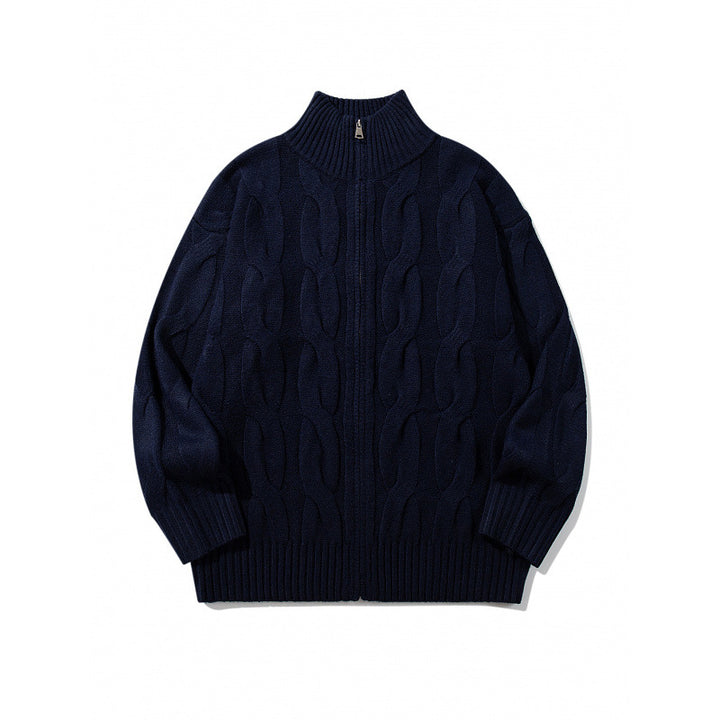 Unisex Grobgestrickter Reißverschluss-Cardigan mit Zopfmuster und hohem Rippkragen Drune