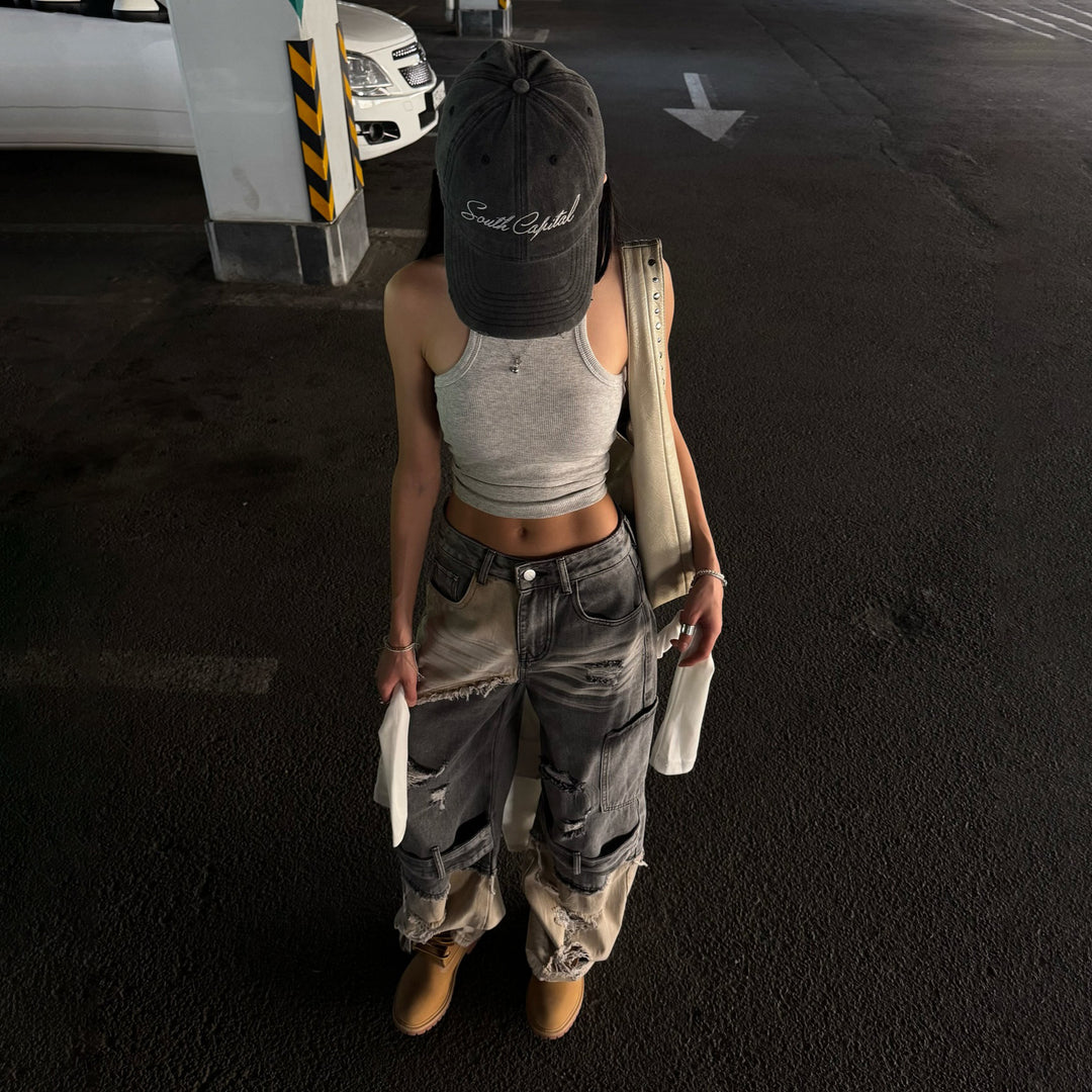 Damen Trendige Cargo-Jeans mit ausgefranstem Design und tiefem Schritt Drune