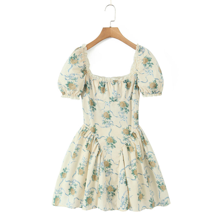 Damen Blumenkleid mit Puffärmeln und Rüschen Drune