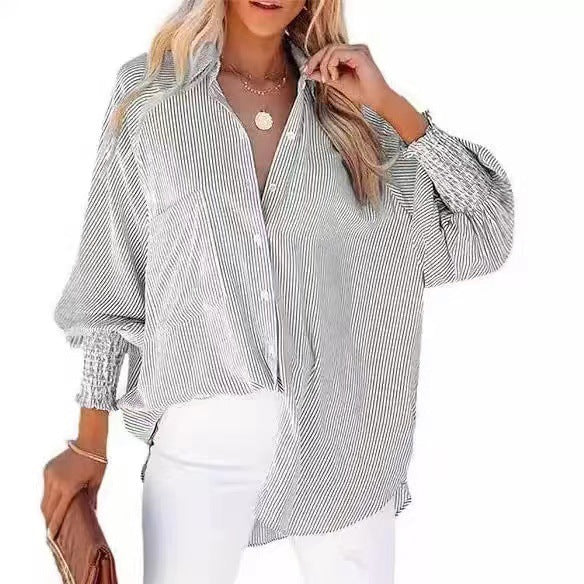 Damen Oversize-gestreifte Leinenoptik-Bluse mit Smokbündchen Drune