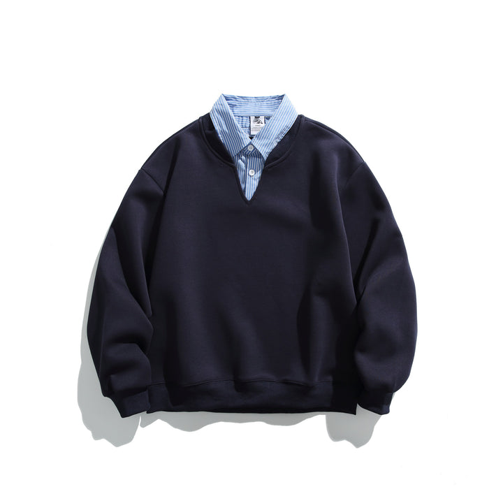 Unisex Sweatshirt im Layering-Look mit eingearbeitetem Hemdkragen und V-Ausschnitt Drune