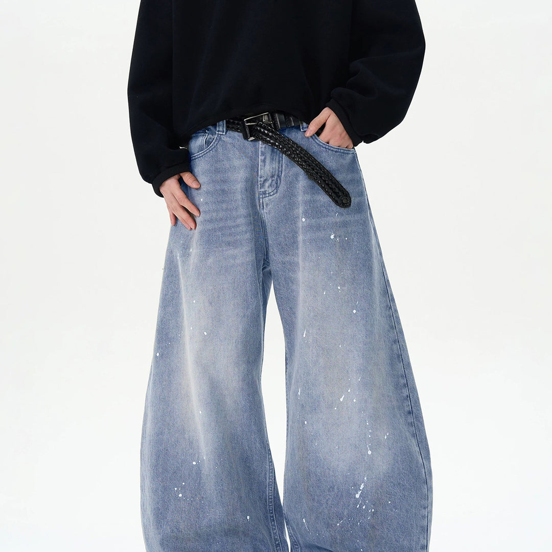 Herren Extraweite Paint‑Effekt Baggy‑Jeans mit tiefem Schritt und Used‑Wash Drune