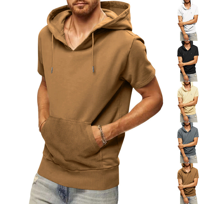 Herren nan lässiges kurzärmeliges Kapuzen-Shirt im weiten Schnitt mit Kängurutasche und Kordelzug Drune