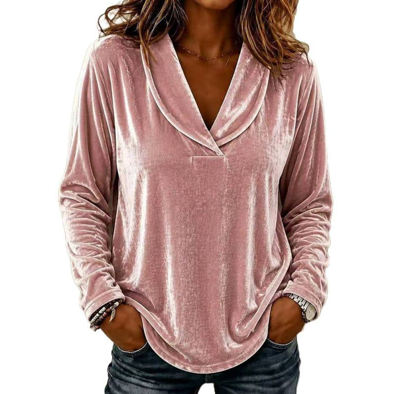 Damen Samt-Longsleeve mit Schalkragen und V-Ausschnitt Drune