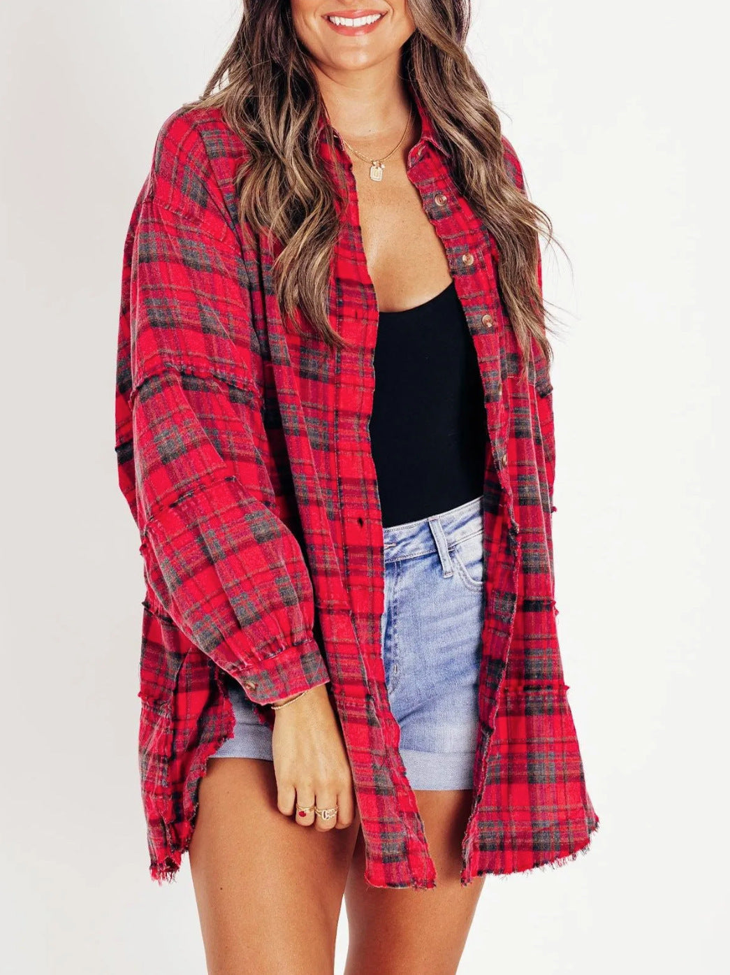 Damen lässige Oversized-Hemdjacke mit Karomuster Drune