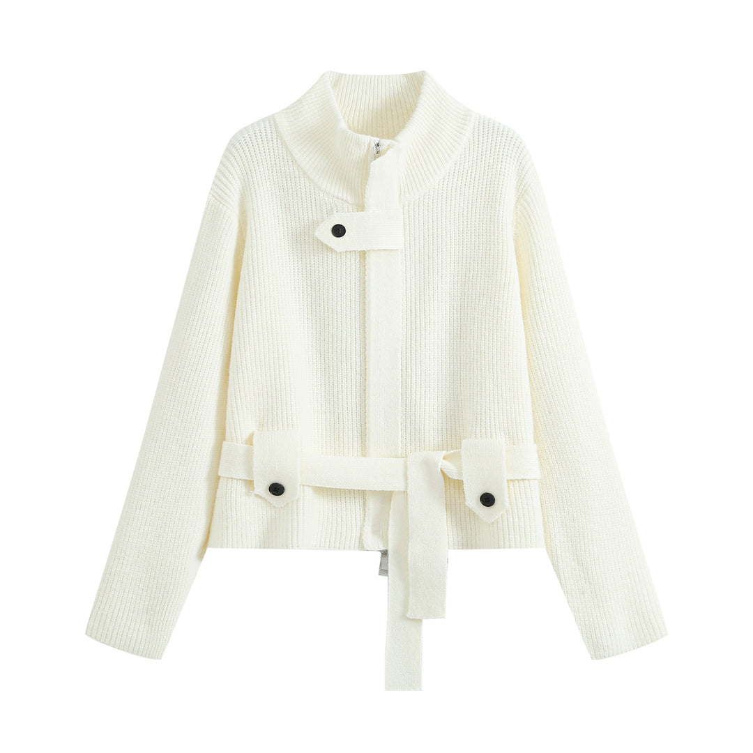 Damen Kurze Strickjacke im Blousonstil mit Stehkragen und Bindegürtel Drune