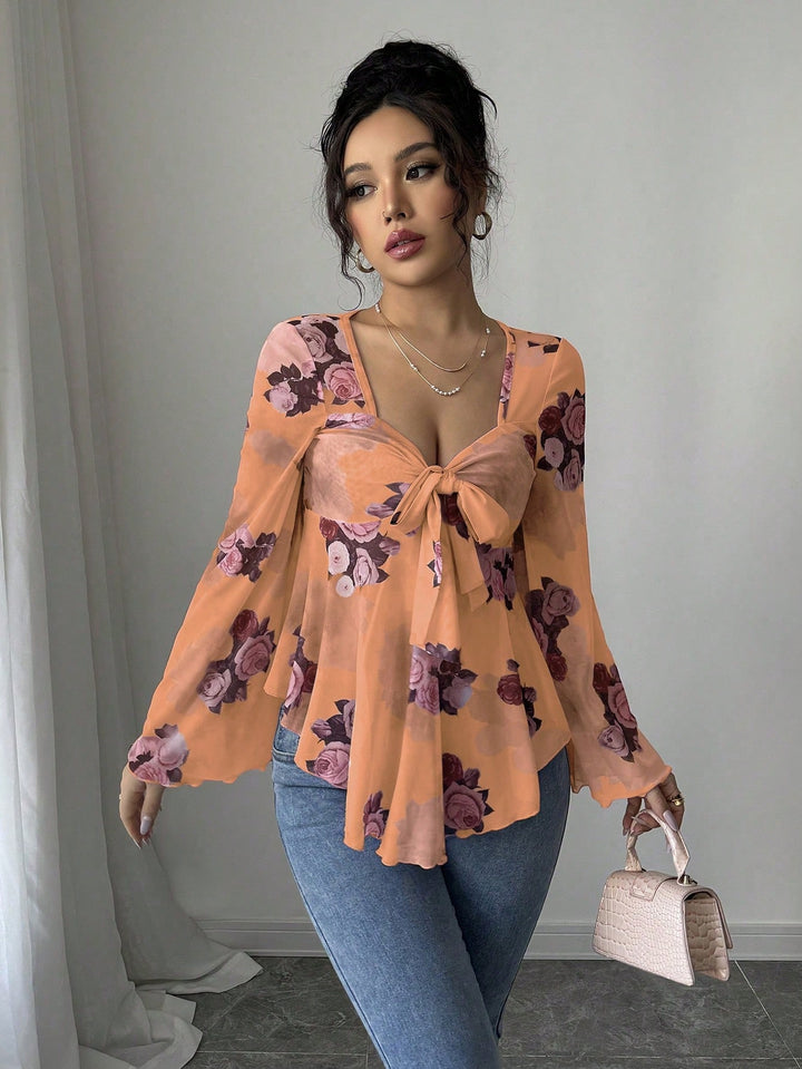 Damen Transparente Chiffon-Babydoll-Bluse mit Knotenfront und floralem Allover-Print Drune