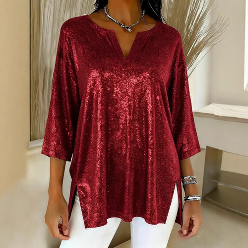 Damen Glitzerndes Oversize-Longshirt mit V-Ausschnitt und seitlichen Schlitzen Drune