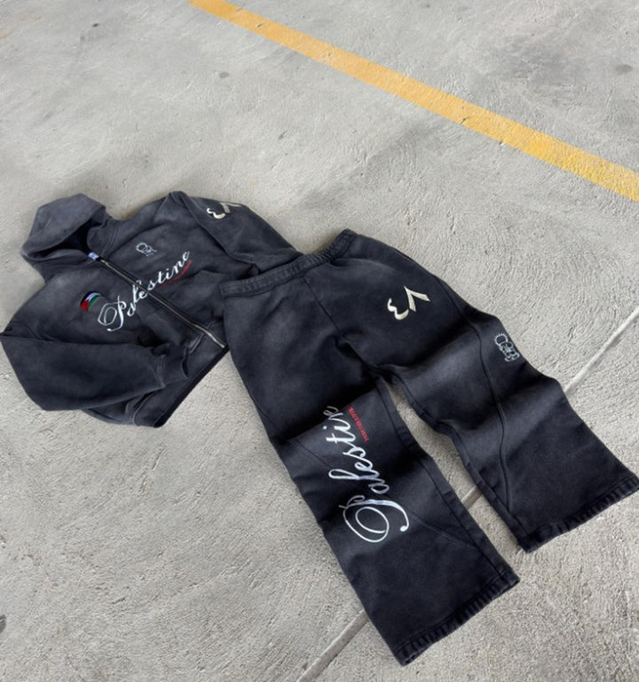 Unisex nan Oversize Kapuzensweat-Set im Vintage-Look mit Reißverschluss, aussagekräftiger Stickerei und weitem Sweatpant Drune