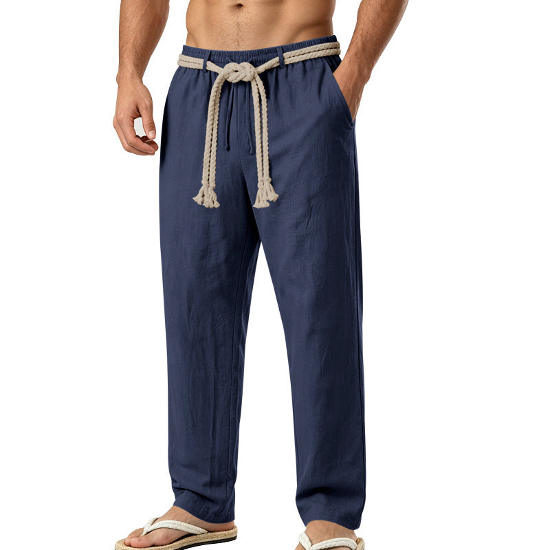 Herren lässige Leinen-Loungehose mit elastischem Bund, dekorativem Seilgürtel und Seitentaschen Drune