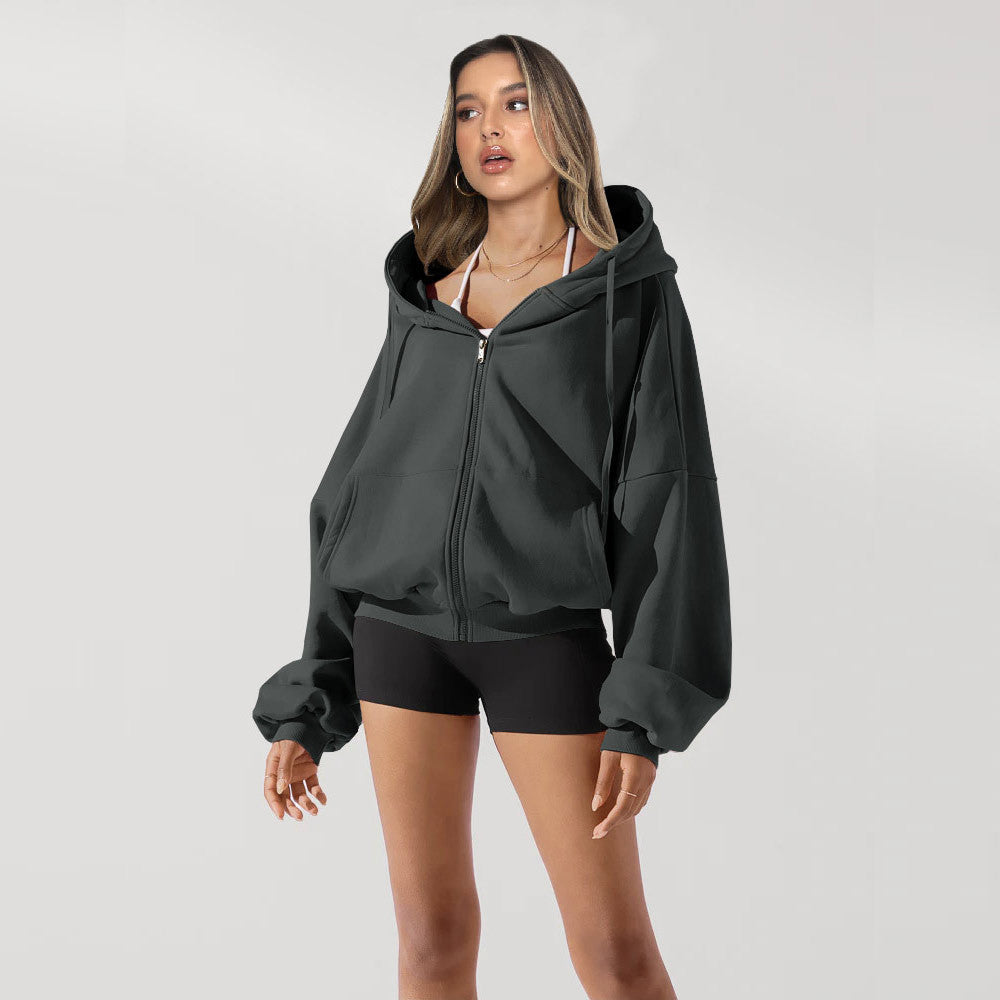 Damen Oversized Kapuzenjacke mit Reißverschluss und Puffärmeln Drune