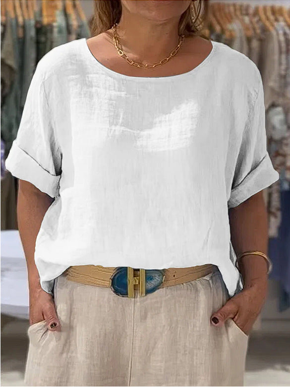 Damen Leichte Leinenbluse mit umgeschlagenen Ärmeln Drune
