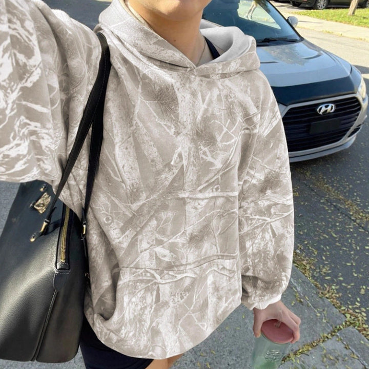 Damen Oversize Kapuzenpullover mit Naturmuster und Kängurutasche Drune