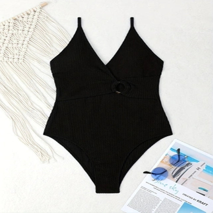 Damen Einteiler Badeanzug mit trendigem Wickel-Design und Ringelement Drune