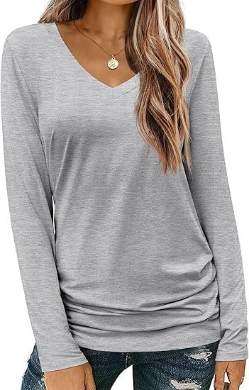 Damen Figurbetontes V‑Ausschnitt Langarmshirt aus Stretch‑Jersey mit leicht gerafftem Saum Drune