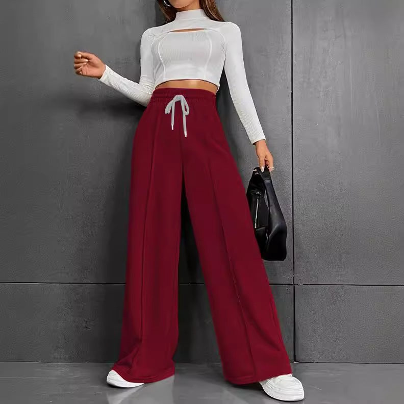Damen nan weite High-Waist Palazzo-Jogginghose mit Kordelzug und Bügelfalte Drune