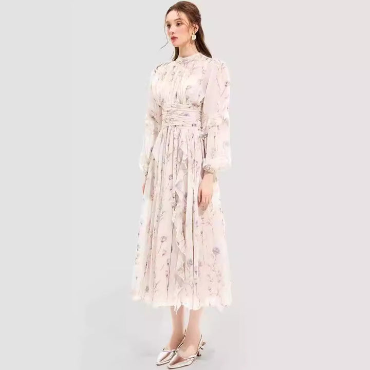 Damen Midi-Kleid mit floralen Stickereien und elegantem Rüschensaum Drune