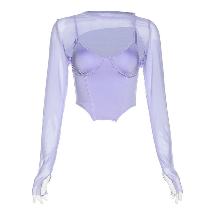 Damen Modisches Longsleeve Oberteil mit transparentem Material und integrierter Unterbruststütze Drune