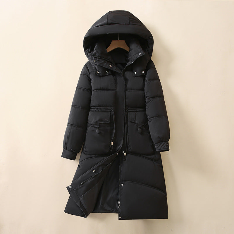 Damen Lange, warme Pufferjacke mit praktischen Taschen und Kapuze Drune