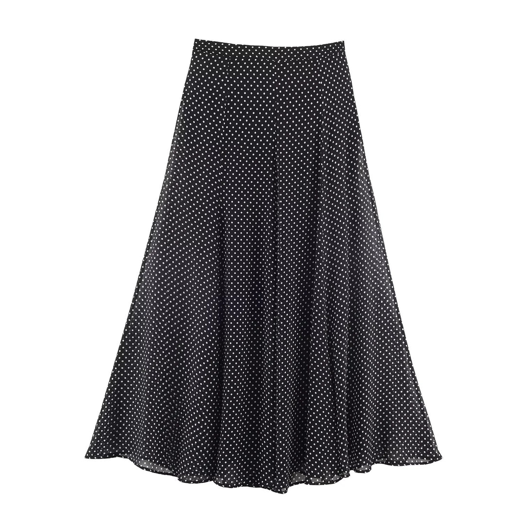 Damen nan ausgestellter Midirock mit hoher Taille, Volant-Fall und feinem Punkte-Muster aus Chiffon Drune