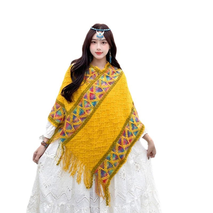 Damen Oversize-Poncho mit Fransen und geometrischem Jacquardbesatz Drune