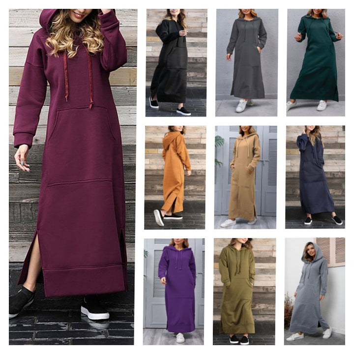 Damen nan langes Kapuzen-Sweatkleid mit Kängurutasche, Seitenschlitzen und lockerer Oversize-Passform Drune