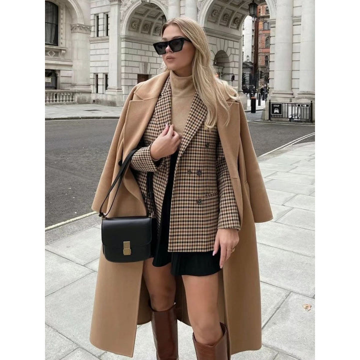 Damen kariertes Blazerjacke mit doppelter Knopfreihe und idealem Schnitt Drune