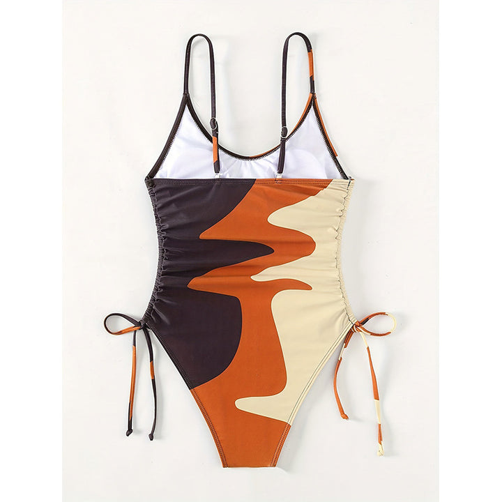 Damen Einteiler Badeanzug mit asymmetrischem Muster und verstellbarem Bindeband Drune