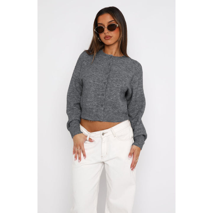 Damen Kurzgeschnittene Strickjacke mit verdeckter Knopfleiste und Ballonärmeln Drune