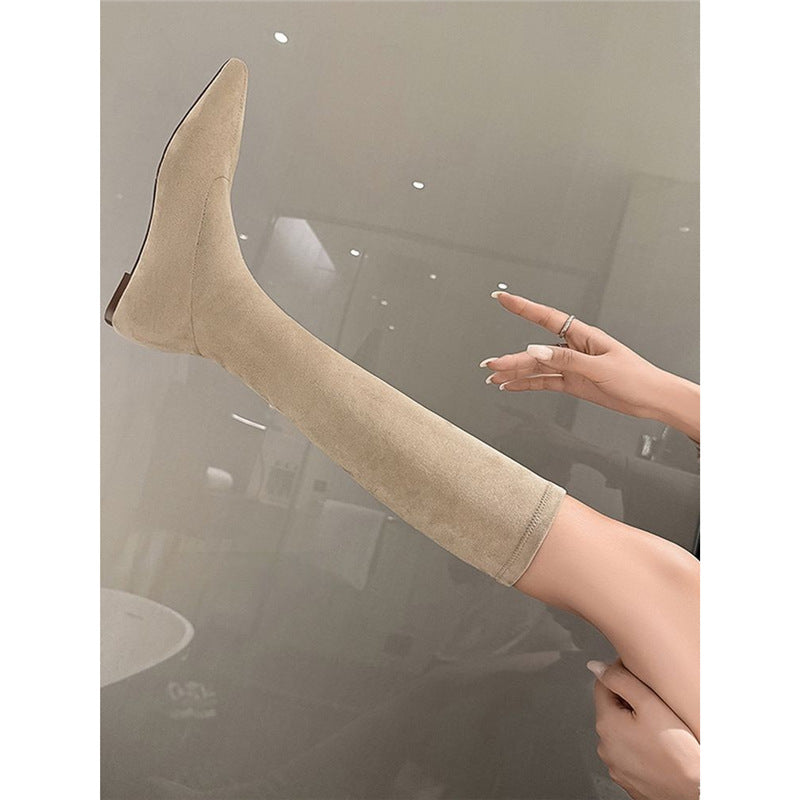 Damen knielange Stretch‑Stiefel mit spitzer Zehenform und niedrigem Keilabsatz Drune