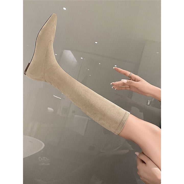 Damen knielange Stretch‑Stiefel mit spitzer Zehenform und niedrigem Keilabsatz Drune