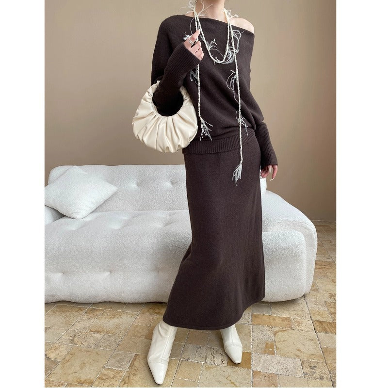 Damen elegantes Strick-Maxikleid mit asymmetrischem Schnitt und lässigem Oberteil Drune