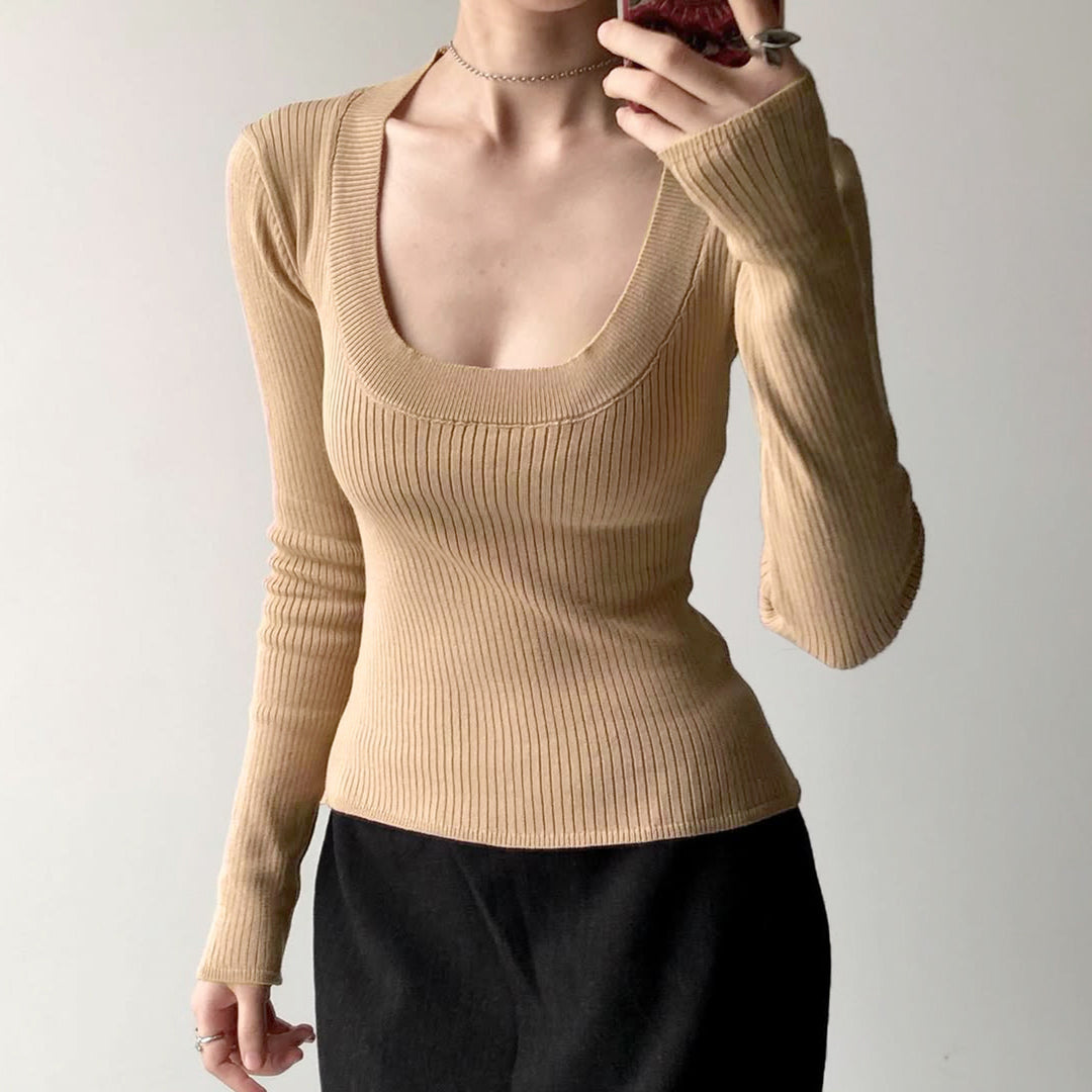 Damen Enganliegendes geripptes Langarmshirt mit tiefem U-Ausschnitt Drune