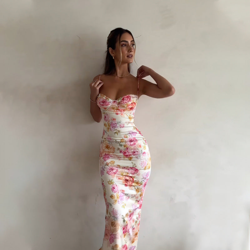 Damen figurbetontes Maxikleid mit floralem Design und elegantem V-Ausschnitt Drune