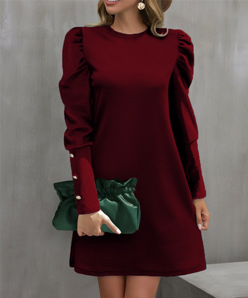 Damen Elegantes A-Linien-Minikleid mit betonten Puffärmeln und Perlenknopf-Ärmelmanschetten Drune