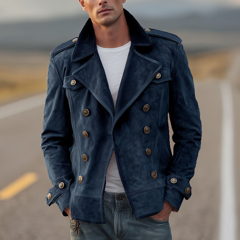 Herren Doppelreihige Lederjacke im Vintage-Look mit Schalkragen und Schulterklappen Drune