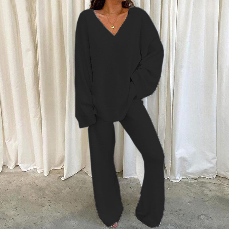 Damen Bequemes Fleece-Loungewear-Set mit V-Ausschnitt Drune