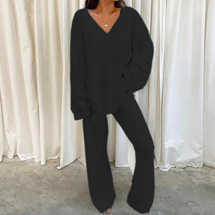 Damen Bequemes Fleece-Loungewear-Set mit V-Ausschnitt Drune