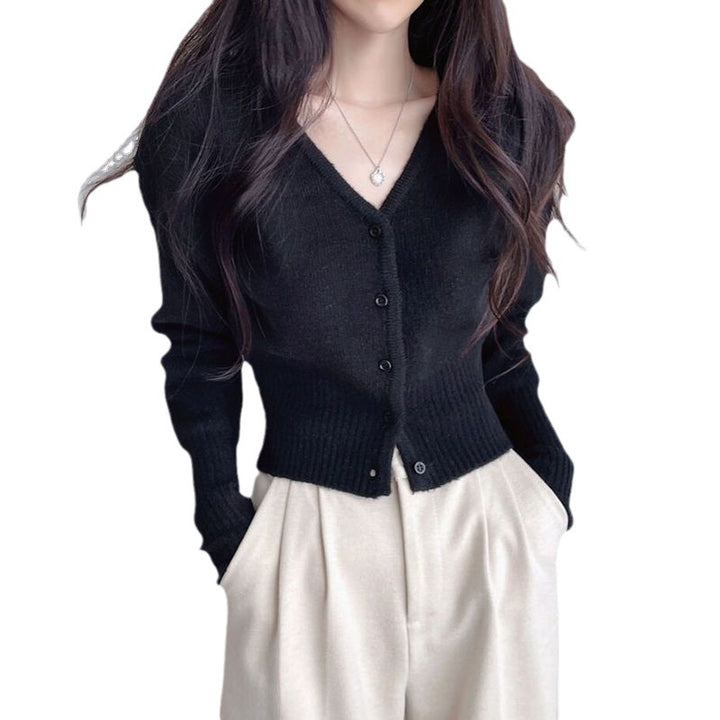 Damen cropped Strickjacke mit V-Ausschnitt und Rippstruktur Drune