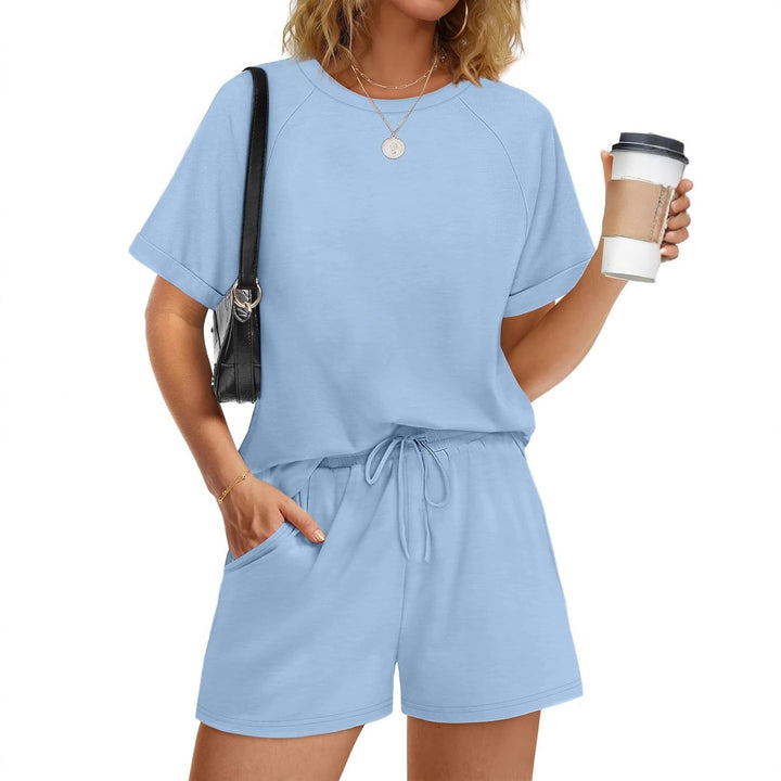 Damen lässiger Kombi aus T-Shirt und Shorts mit elastischem Bund Drune