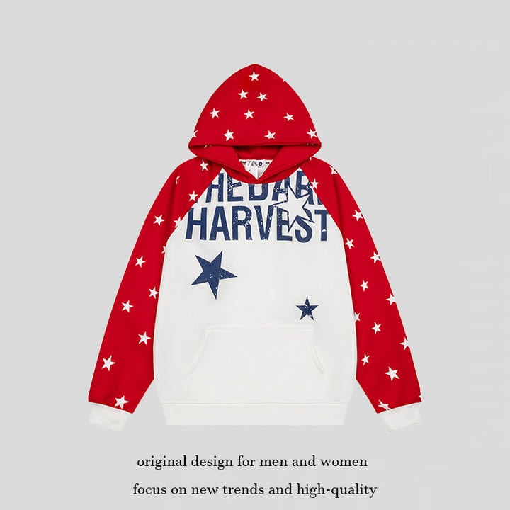 Damen Kapuzenpullover im Raglanstyle mit Sternen‑Allover, Kängurutasche und Vintage‑Print Drune