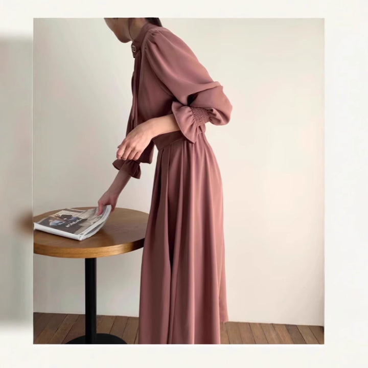 Damen Midikleid mit Stehkragen, Schleifenblende und geraffter Taille Drune