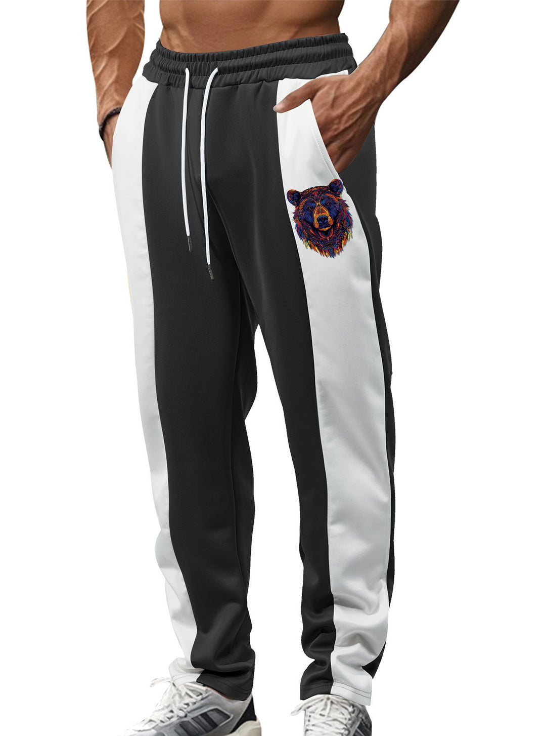Herren nan sportive Trackpants mit seitlichen Kontrastbahnen elastischem Bund Kordelzug und Hirschstickerei Drune