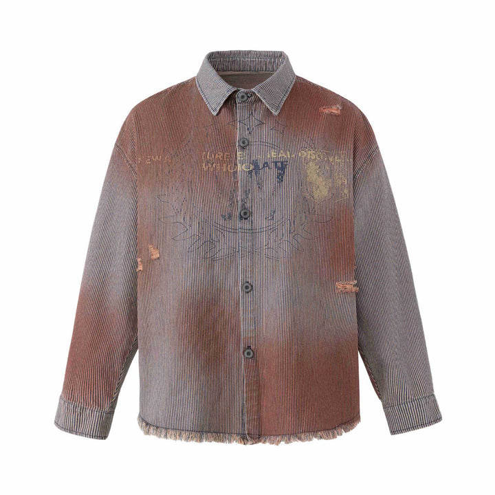 Damen Overshirt-Jacke aus gestreiftem Denim mit Fransen und Used-Details Drune