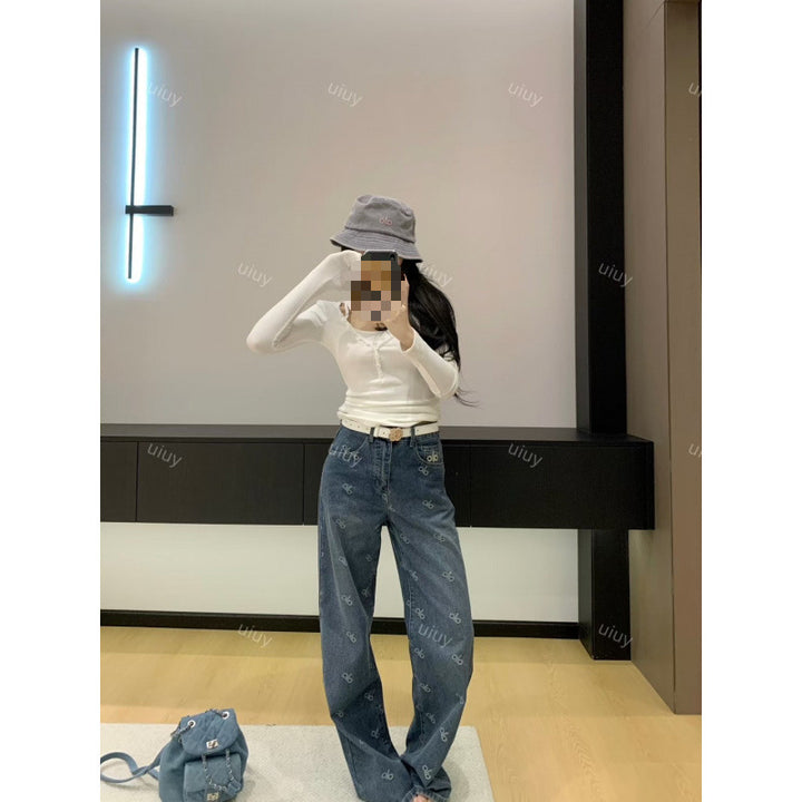 Damen Modische Baggy Jeans mit hohem Bund Drune
